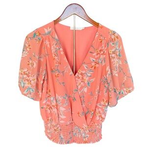 Lush Coral-Peach Floral Blouse V-Neck Smocked Waist Flowy Sleeves Size Small